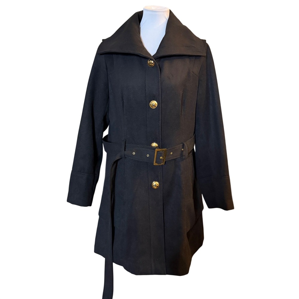 Marvin Richards Trench Coat Women 1X Black Gold Button Belted Tiered 00JO2006
